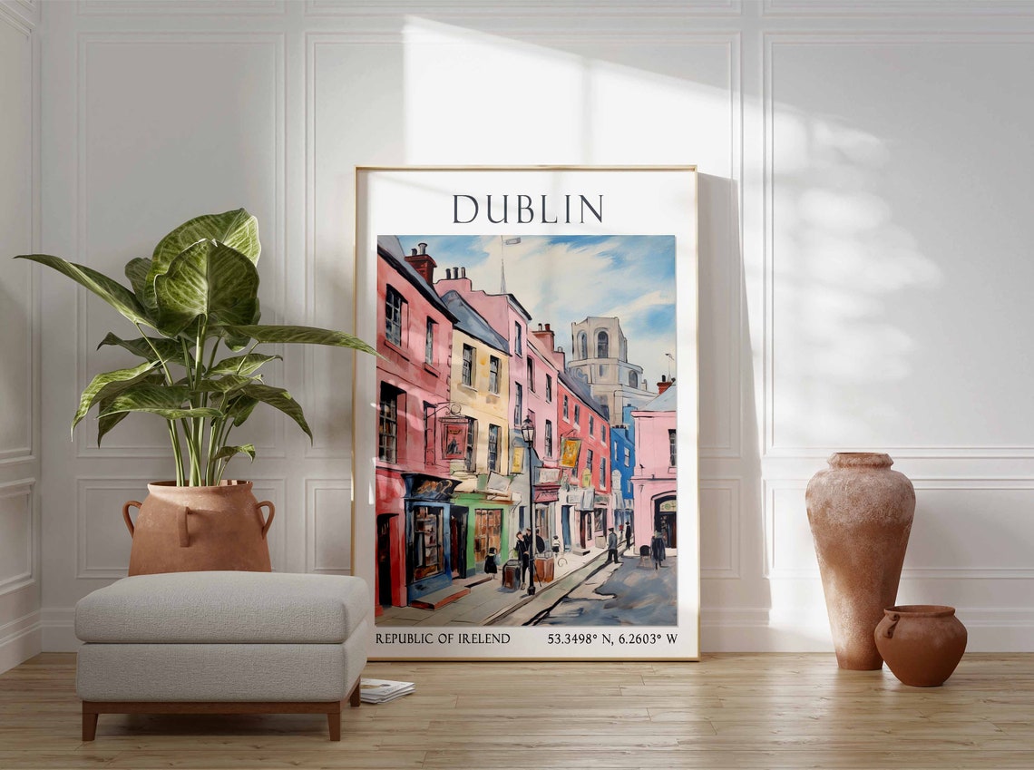 Dublin Pink Pub Street with Colorful Shops Ireland Poster Art - Image 2