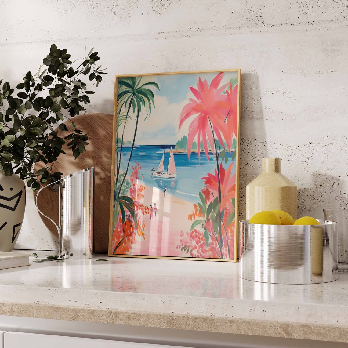 Sailboat with Pink Sails in a Turquoise Bay Watercolor Poster - Image 2