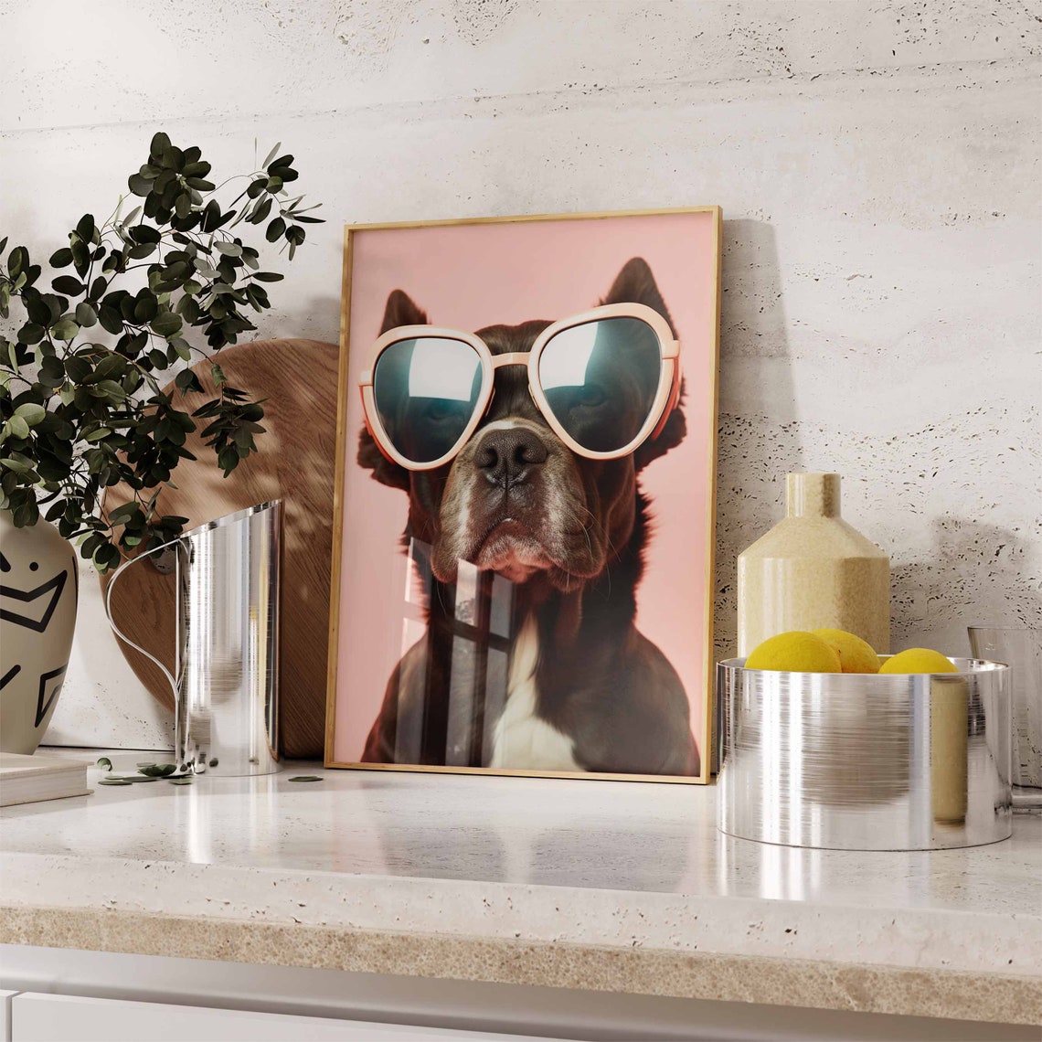 Brown Dog Wearing Oversized Cream Sunglasses on Pink Background Poster - Image 2