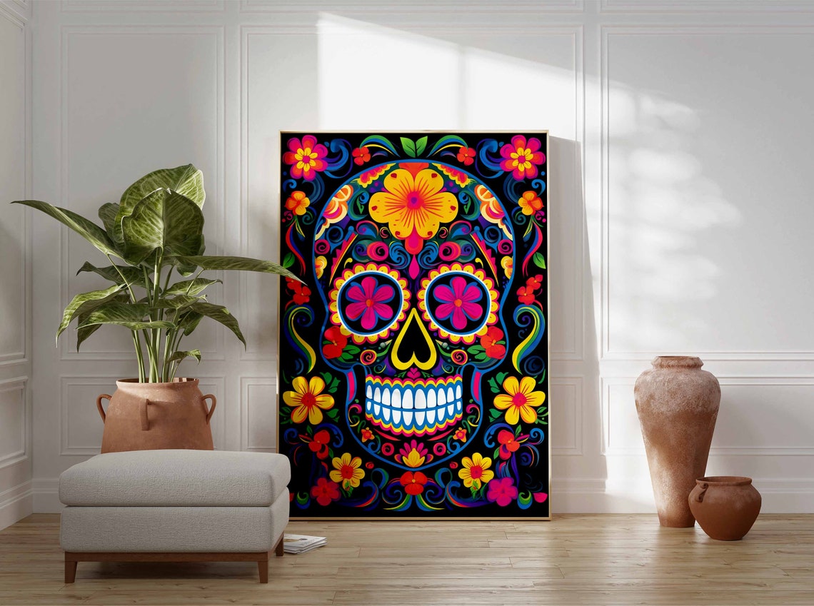 Rainbow Sugar Skull Floral Mandala Poster with Flowers on Black - Image 3