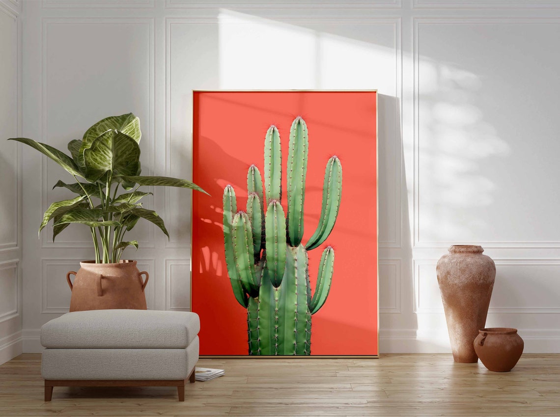 Green Columnar Cactus Cluster Against a Vibrant Coral Poster - Image 3