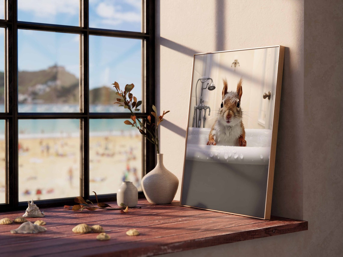 Cute Wet Squirrel Climbing Out of a White Bathtub Bathroom Poster - Image 2