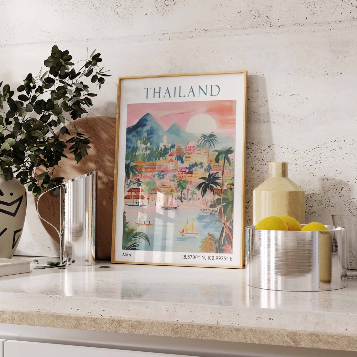 Thailand Sunset Harbor Sailboats Mountains Watercolor Travel Poster - Image 3