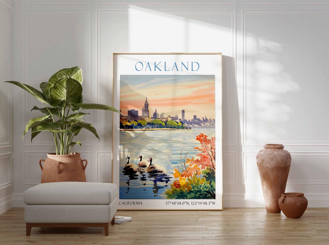 Oakland California Lake Merritt Sunset Watercolor Travel Poster - Image 3