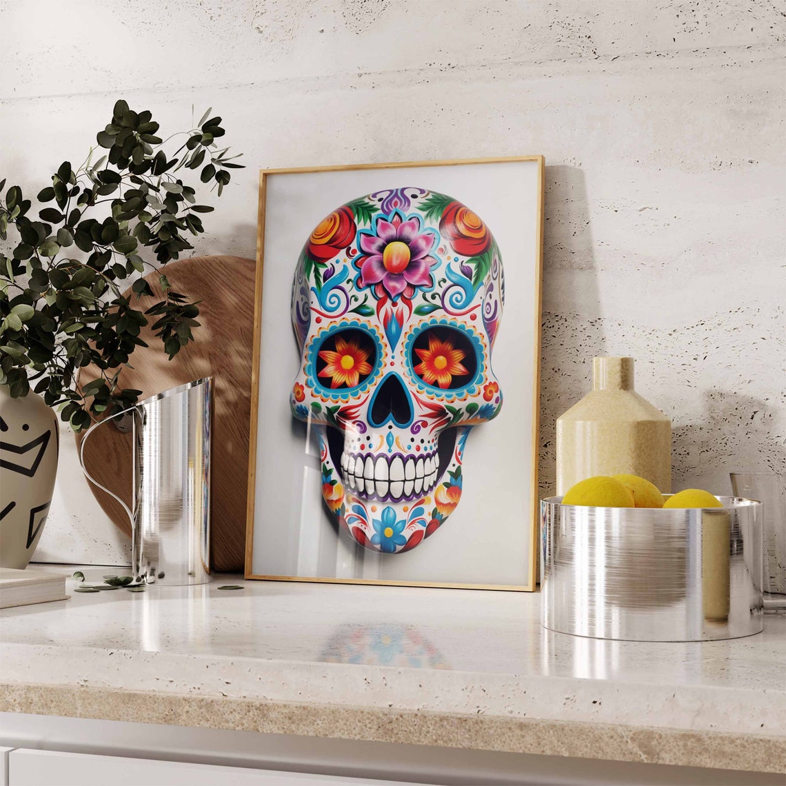 Colorful Floral 3D White Painted Sugar Skull Flowers White Art Poster - Image 2