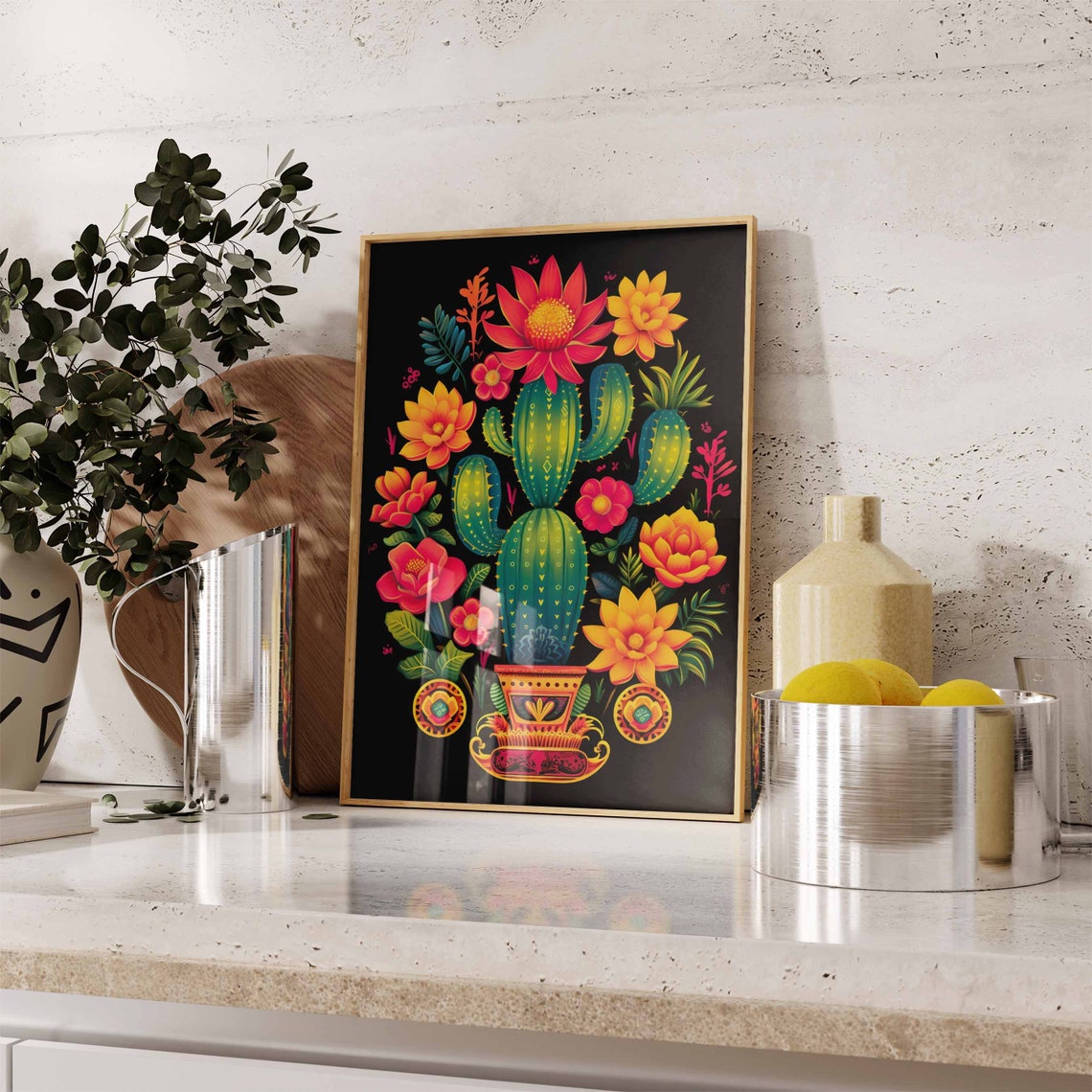 Colorful Blooming Cactus Neon Flowers Black Background Mexican Print - Image 2