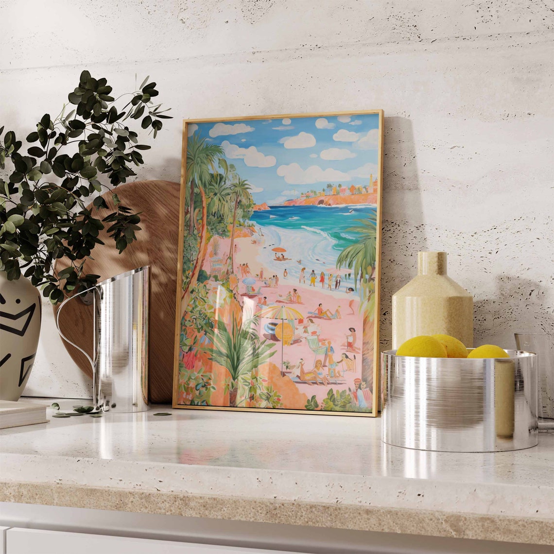 Crowded Pink Beach Surf Waves Rocky Headland Summer Day Poster - Image 2