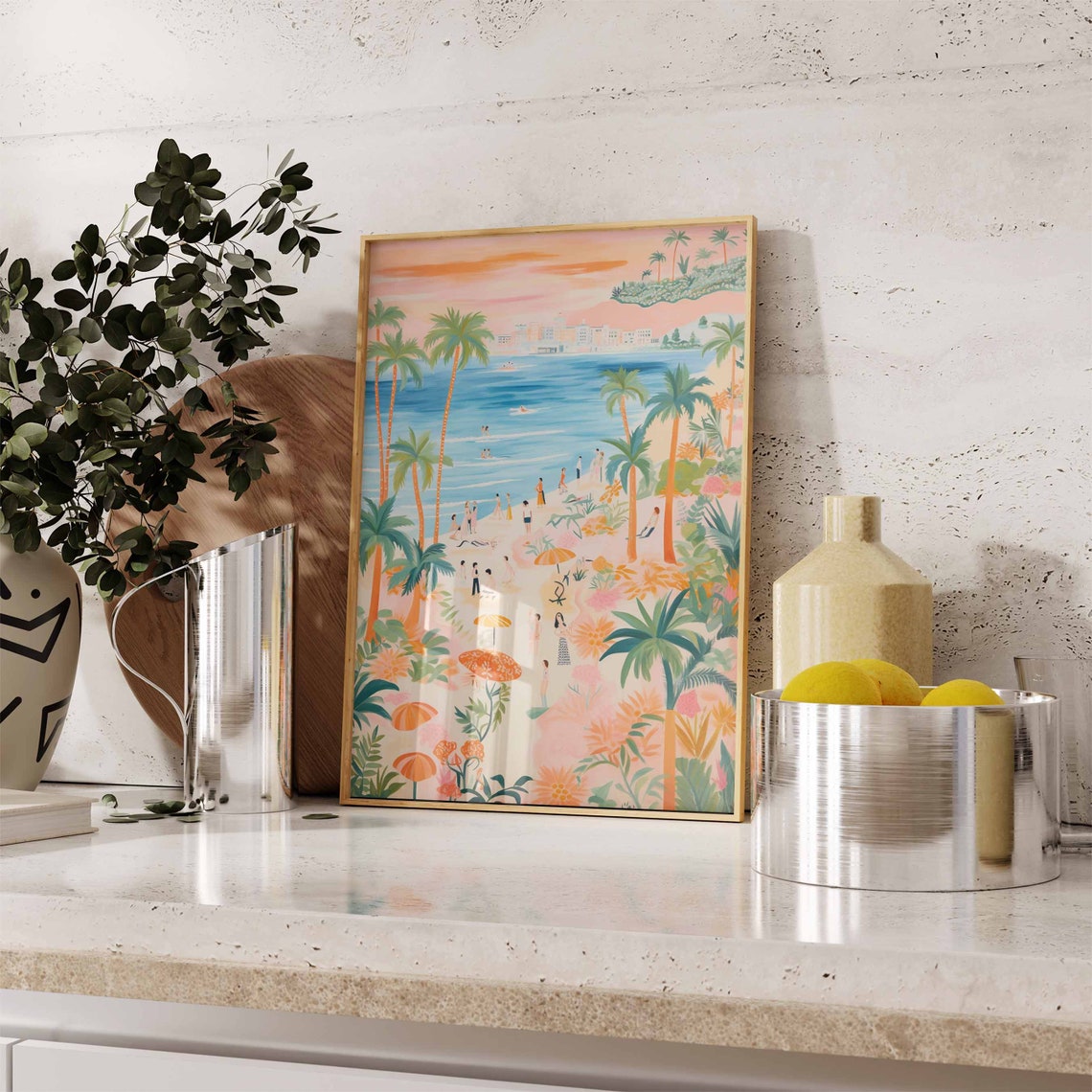 Sunset Palm Beach Parasols Distant City Skyline Evening Poster - Image 2