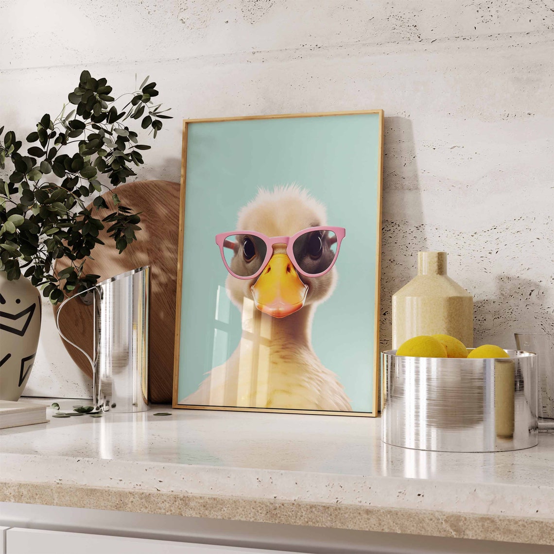 Cute Duckling Wearing Pink Sunglasses on a Mint Background Poster - Image 2