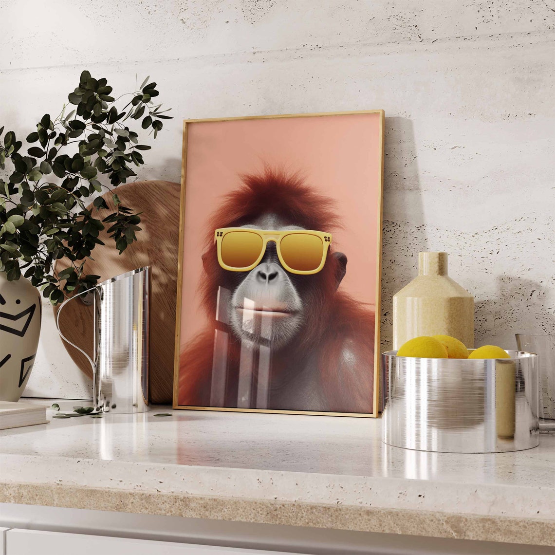 Orangutan Wearing Yellow Sunglasses on a Pink Background Poster - Image 2