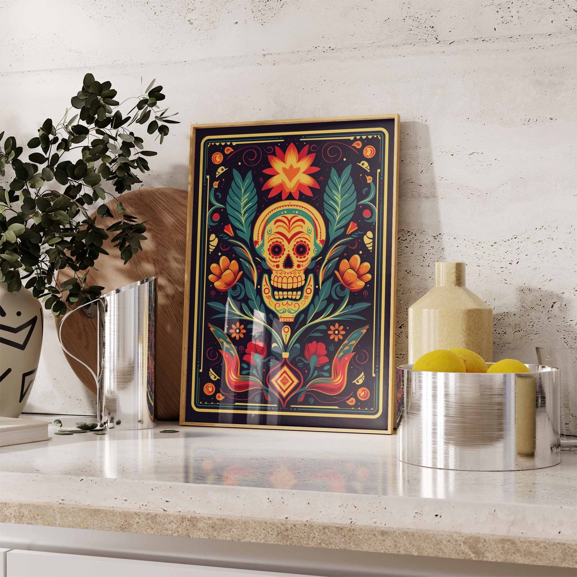 Golden Sugar Skull Tropical Leaf Midnight Black Floral Poster - Image 2