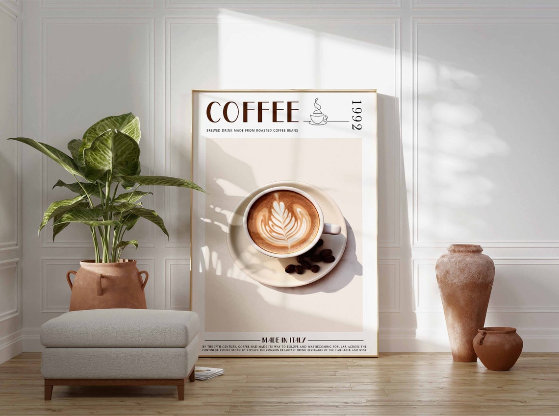 Coffee 1992 Latte Art Cup With Beans Cream Background Poster - Image 3