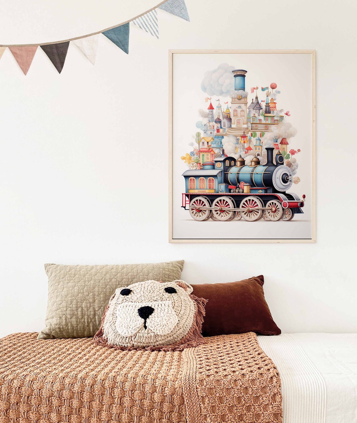 Whimsical Colorful Train Carrying a Village Poster for Kids Room - Image 3