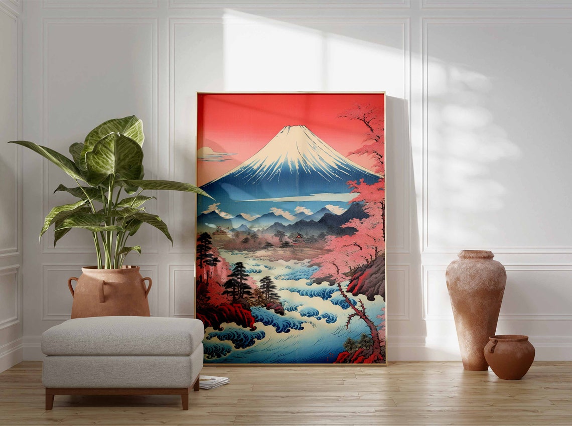 Mount Fuji Red Sky Cherry Blossom River Japanese Decor Poster - Image 2