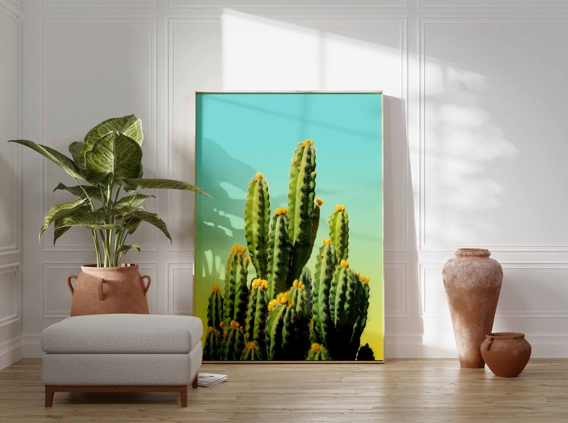 Dense Columnar Cactus with Yellow Blooms on a Teal Gradient Poster - Image 3