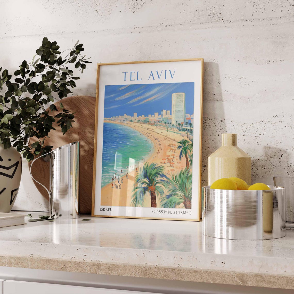 Tel Aviv Israel Beach Promenade Palm Trees City Skyline Poster - Image 3
