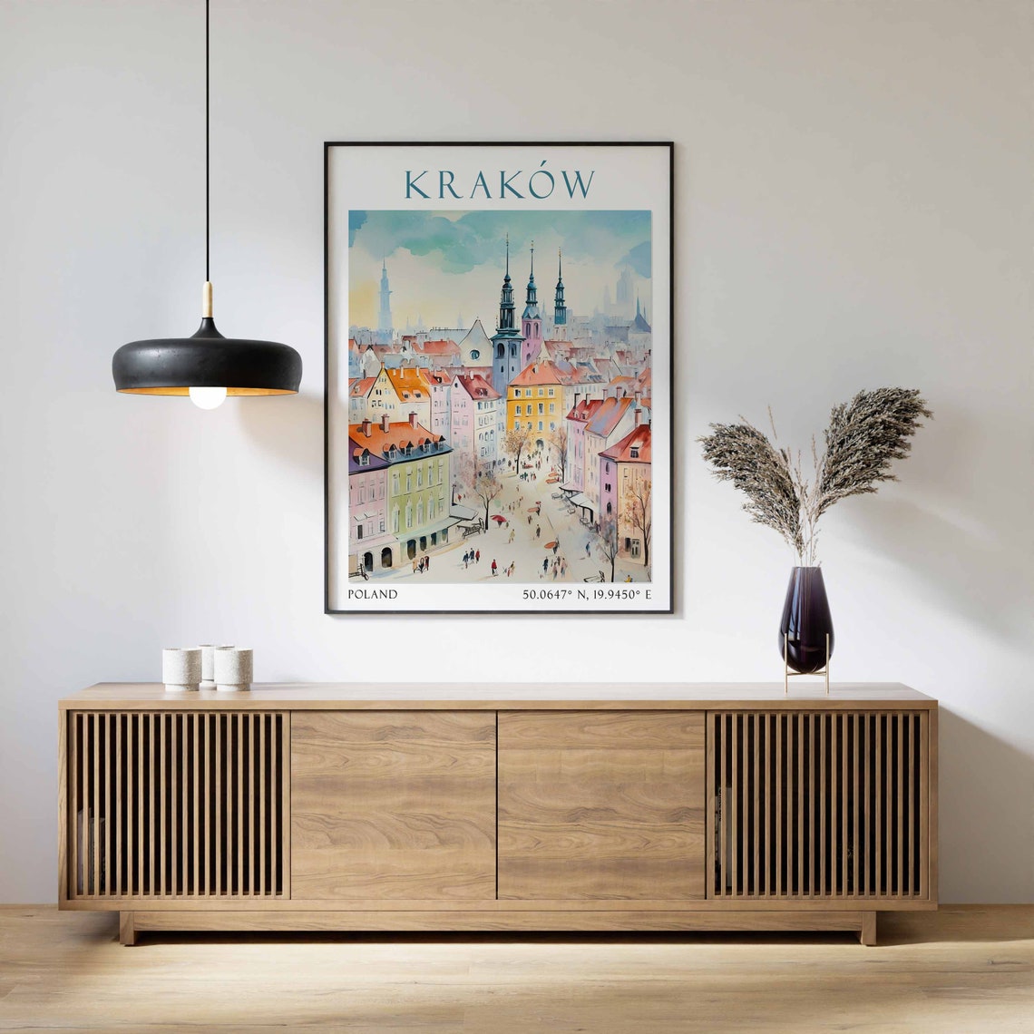 Krakow Poland Travel Poster Old Town Square Church Towers View - Image 3