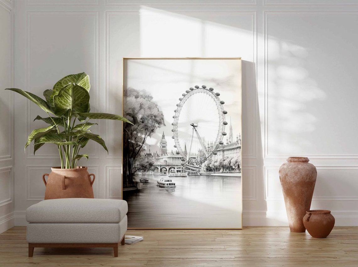 London Eye Black and White Pencil Sketch Poster with Thames Boats - Image 3