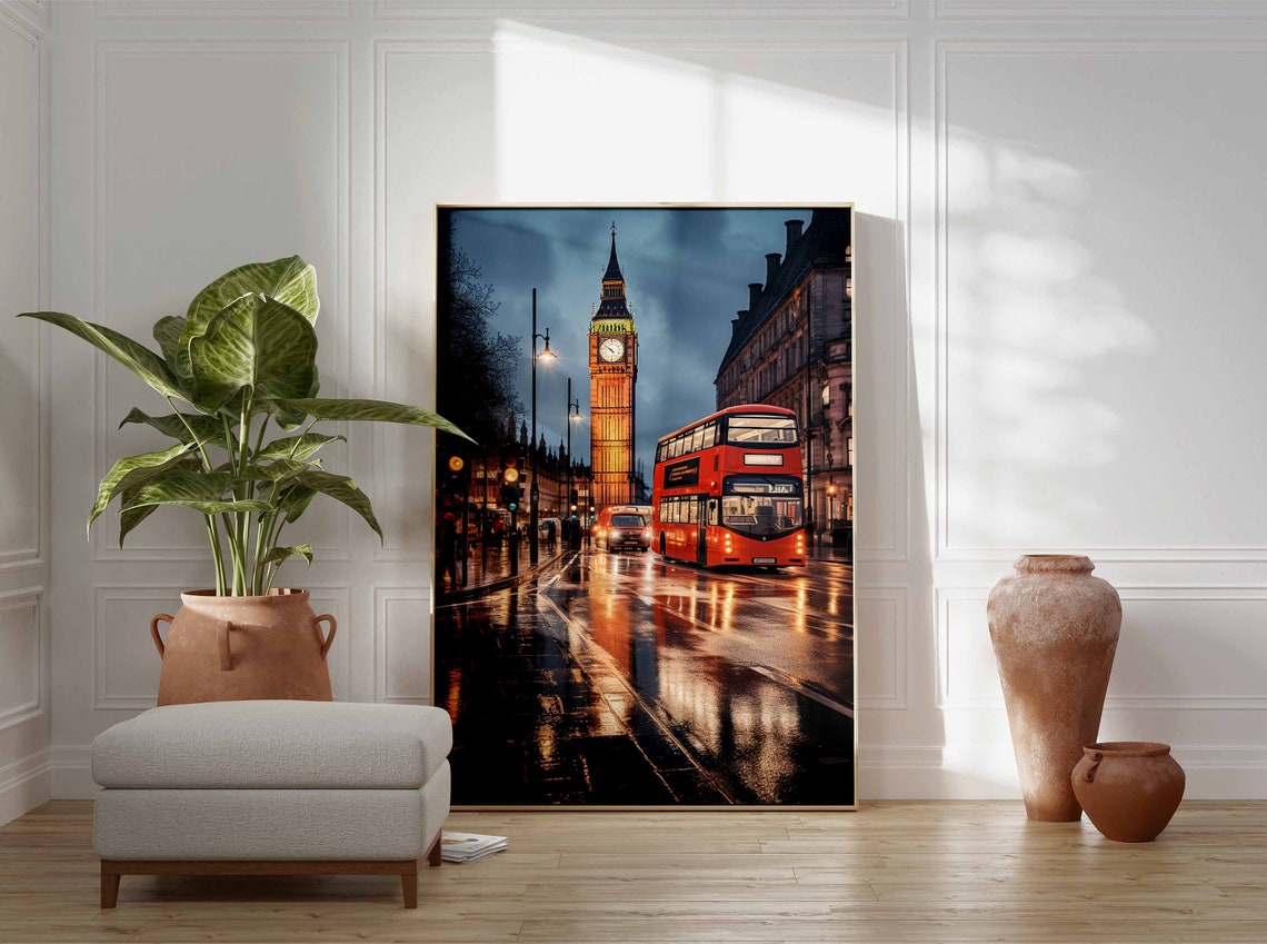 Big Ben Rainy Night Poster with Red Bus and Glowing Street Lights - Image 3