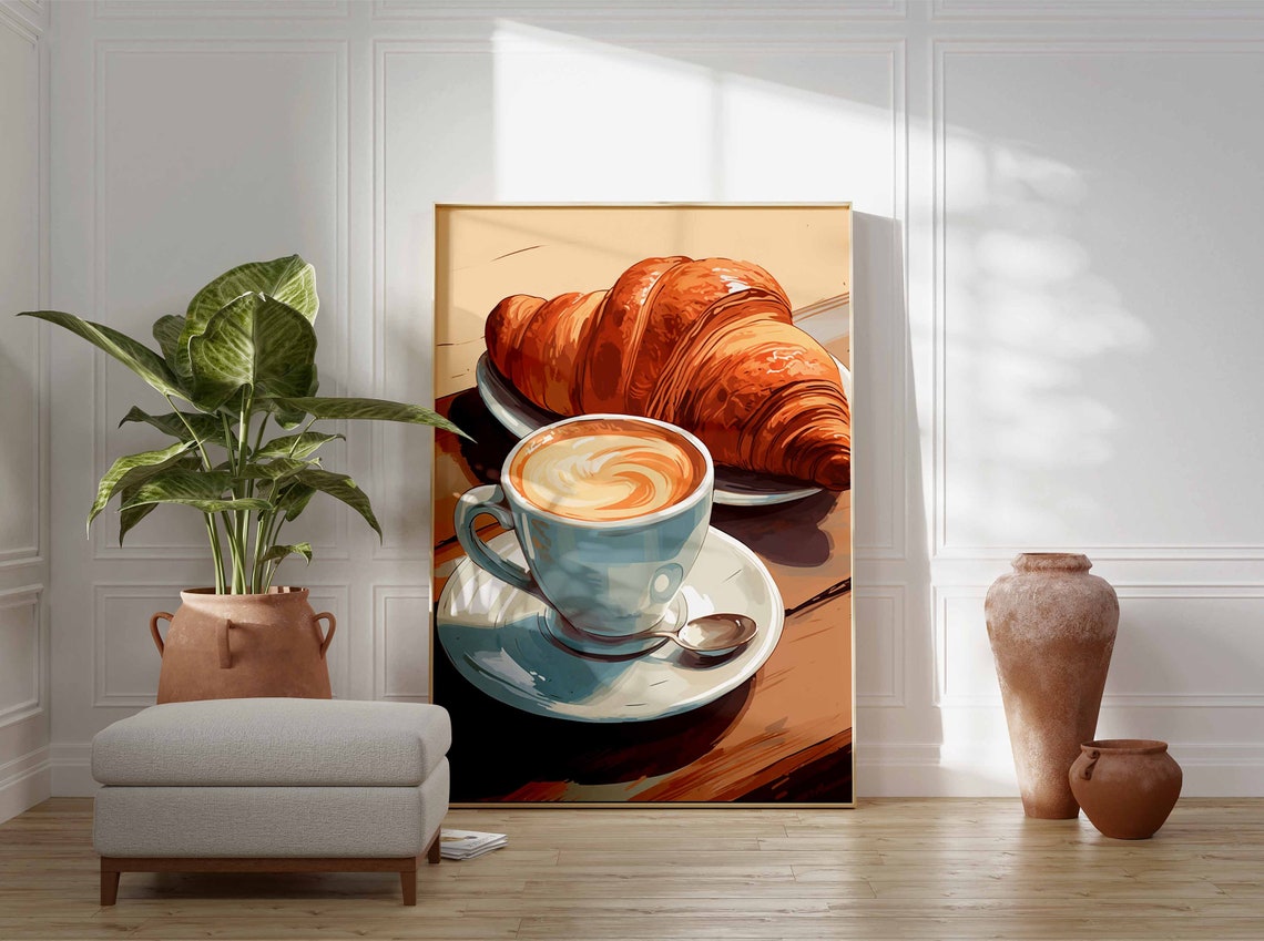 Cappuccino Latte Art Croissant Wooden Table Illustration Poster - Image 3