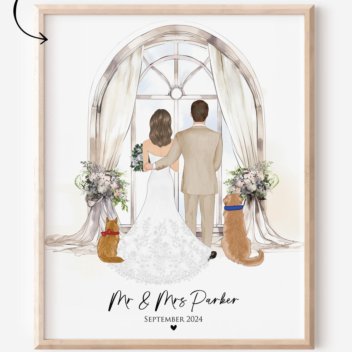 Mr and Mrs Parker Wedding Portrait Poster with Cat and Dog Pets