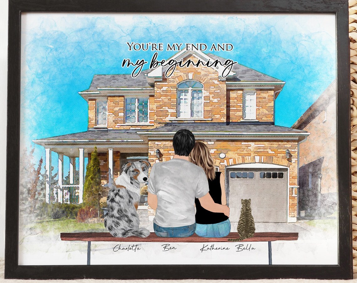 Custom Couple Dog With House, Personalized Art Print