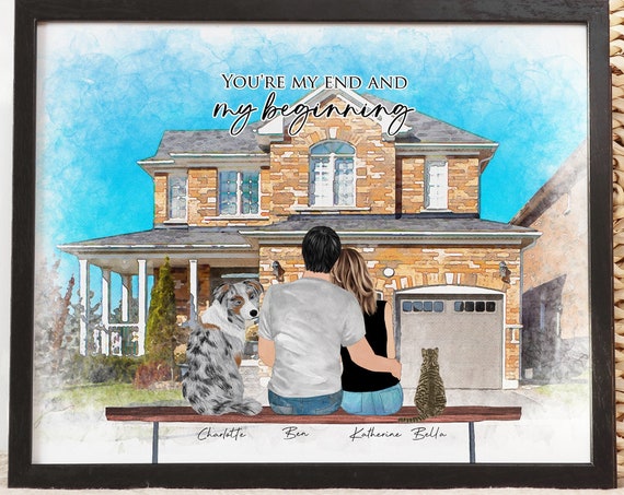 Custom Couple Dog With House, Personalized Art Print