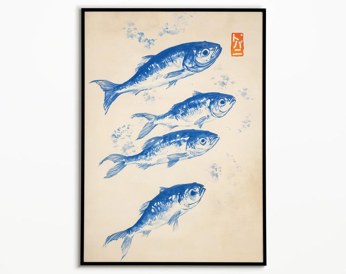 Japanese Style Blue Ink Fish Shoal Sumi E Watercolor Art Poster