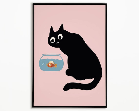 Playful Black Cat Watching Goldfish Bowl Pink Minimalist Wall Art