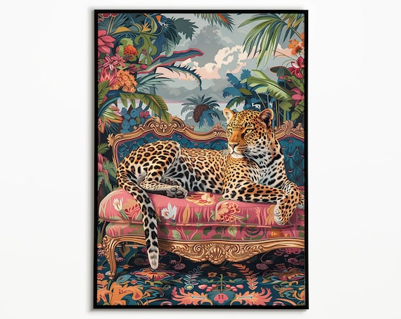 Leopard Lounging on Sofa, Maximalist Art Print