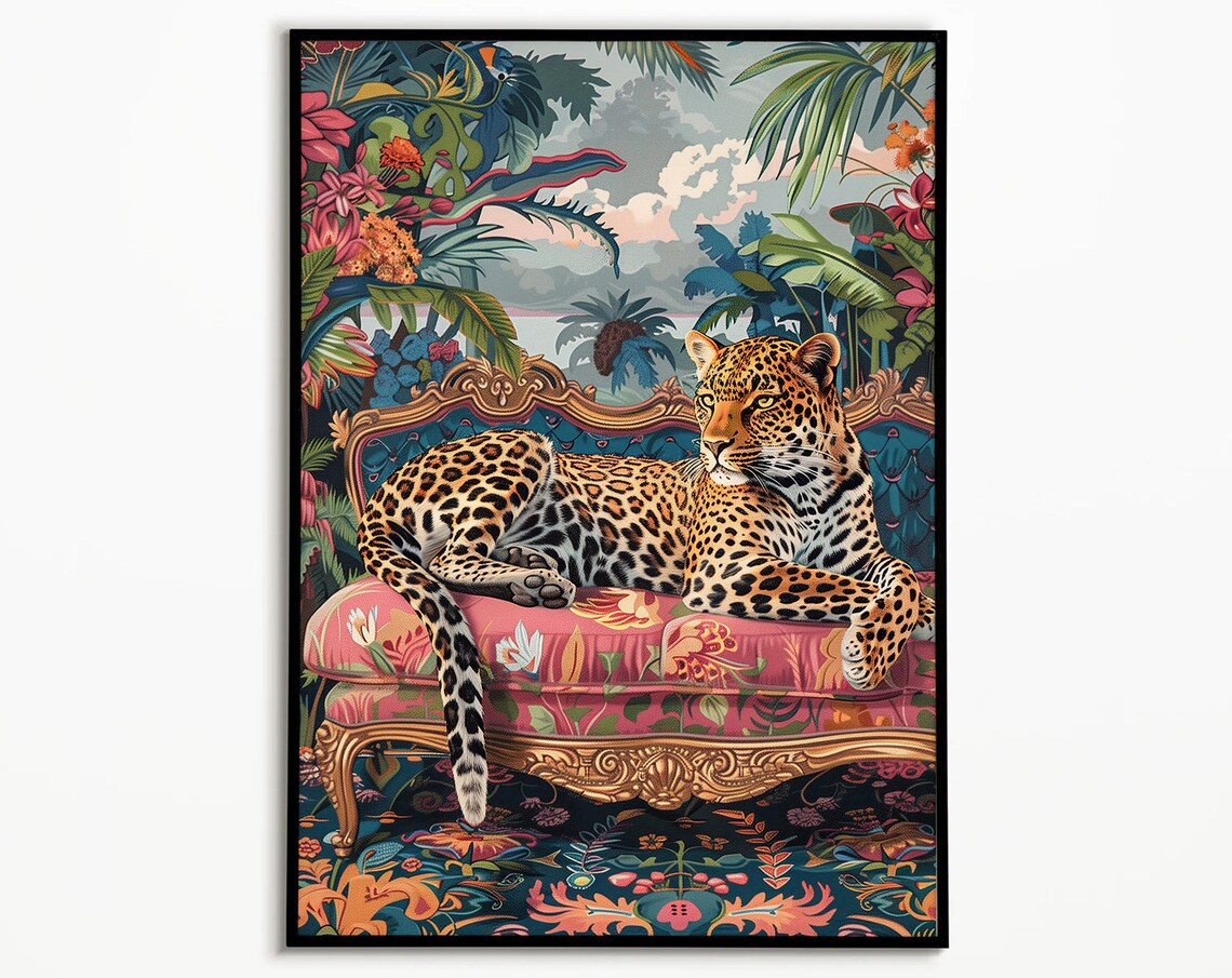 Leopard Lounging on Sofa, Maximalist Art Print