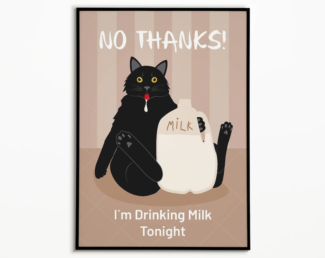Cat Drinking Milk Retro Poster Print, Funny Kitchen