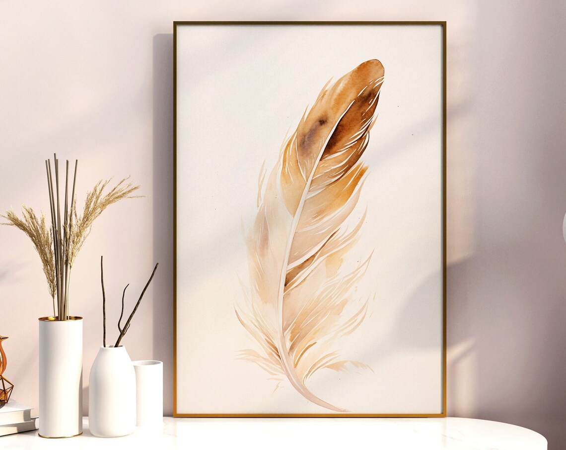 Beige Feather Watercolor Soft Minimalist Neutral Tone Art Poster
