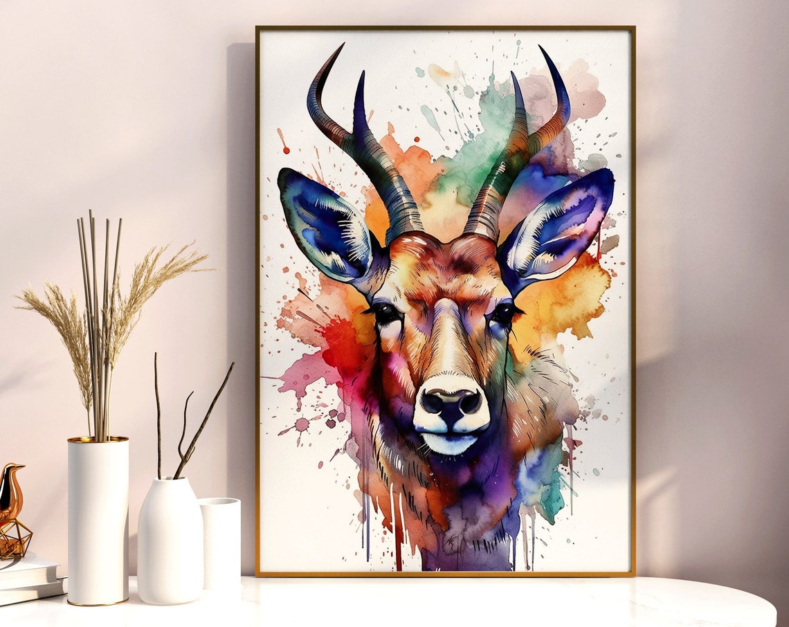 Deer Watercolor Portrait Young Buck Antlers Splash Art Poster