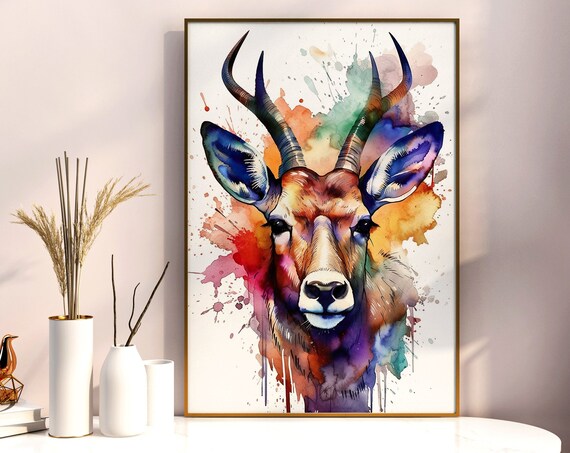 Deer Watercolor Portrait Young Buck Antlers Splash Art Poster