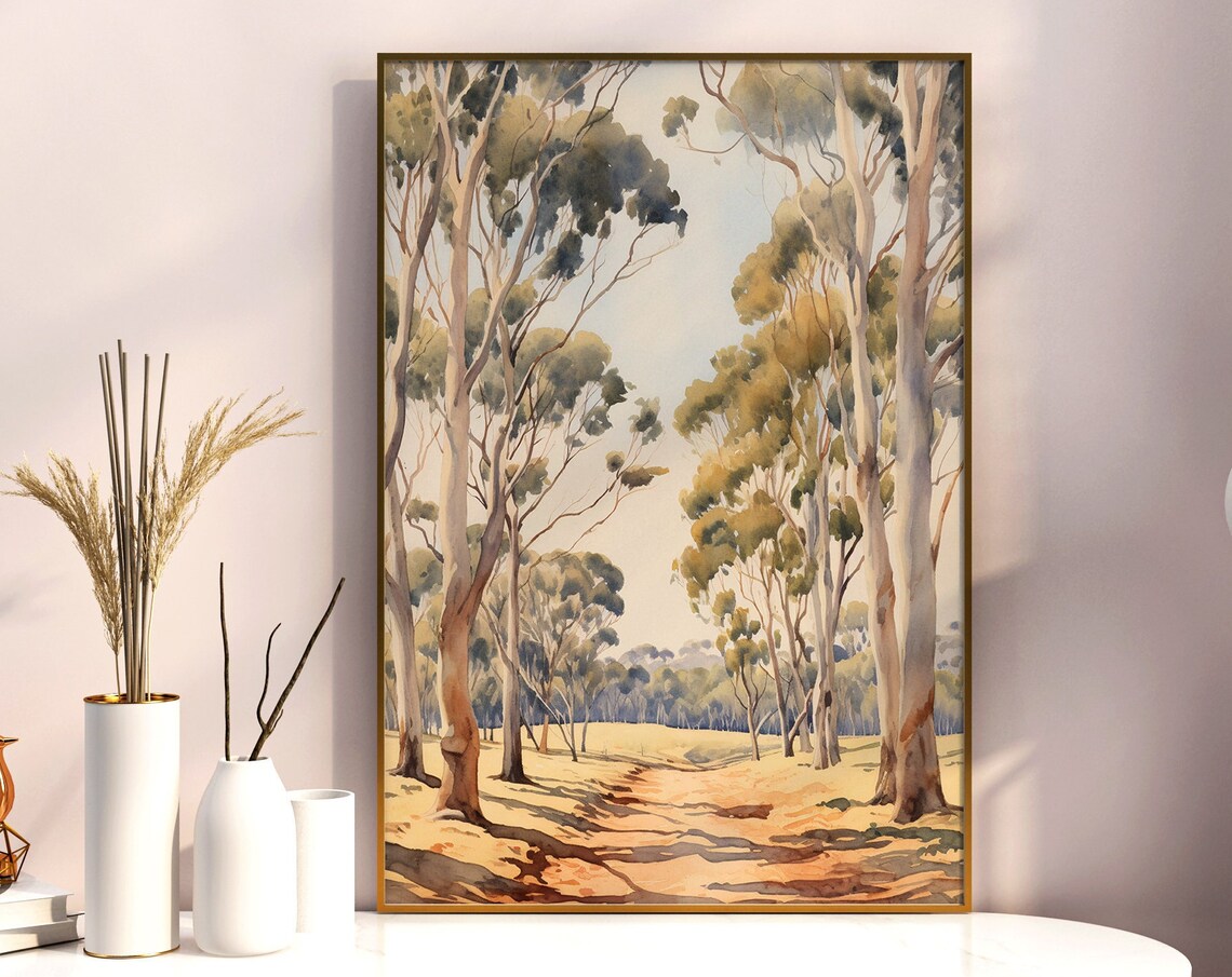 Eucalyptus Trees Watercolor Sunlit Grove Path Golden Scene Poster