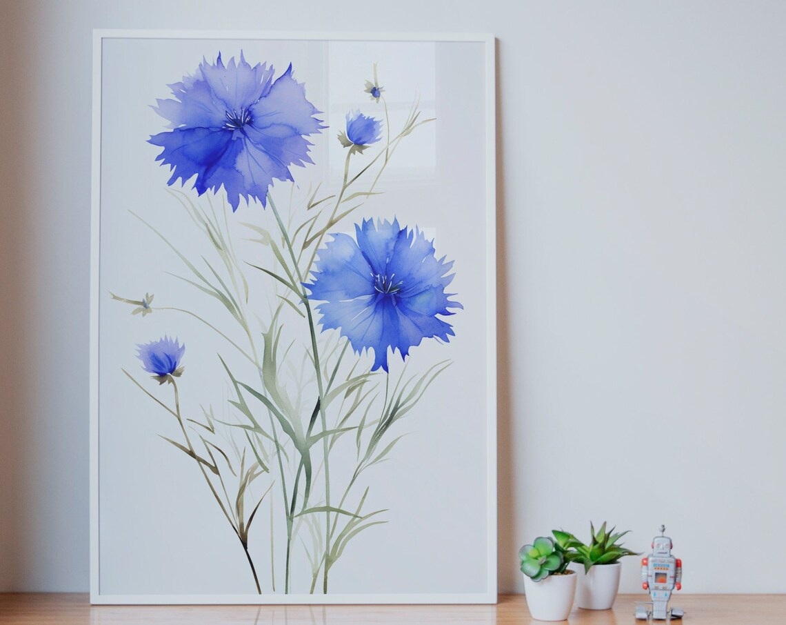 Blue Cornflowers Watercolor Wildflower Stems Farmhouse Floral Art Poster - Image 2