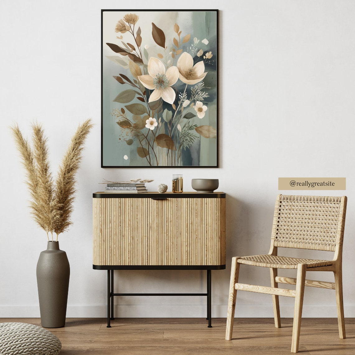 Cream White Floral Botanical Bouquet Soft Teal Painterly Print