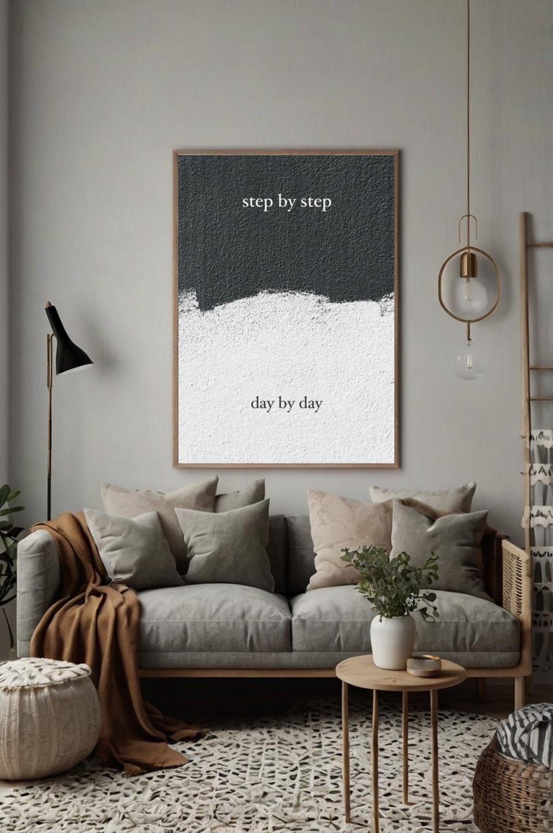 Step By Step Day By Day Black White Textured Minimal Quote Poster