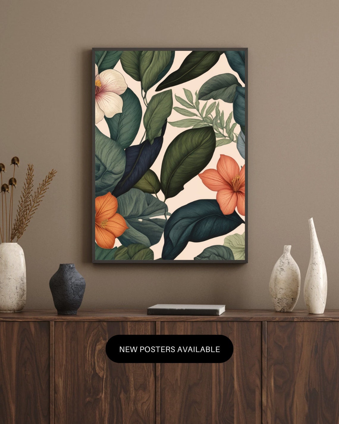 Tropical Green Leaves Orange Hibiscus Botanical Floral Art Poster