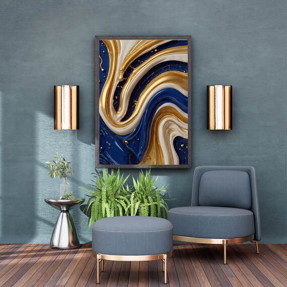Gold And Blue Abstract Wall Art Fluid Flow Design