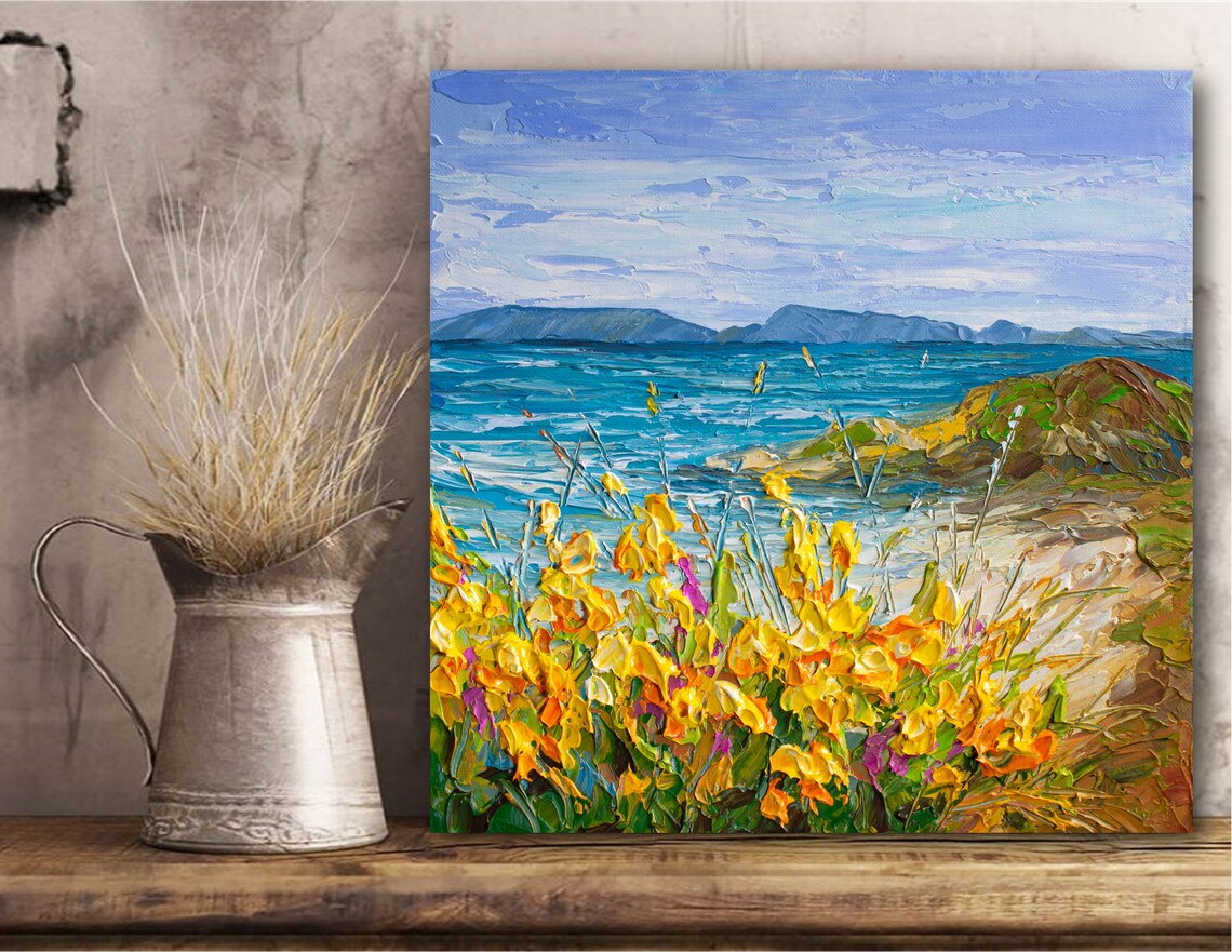 Yellow Wildflowers Beach Teal Ocean Mountain Coast Impressionist Poster - Image 2