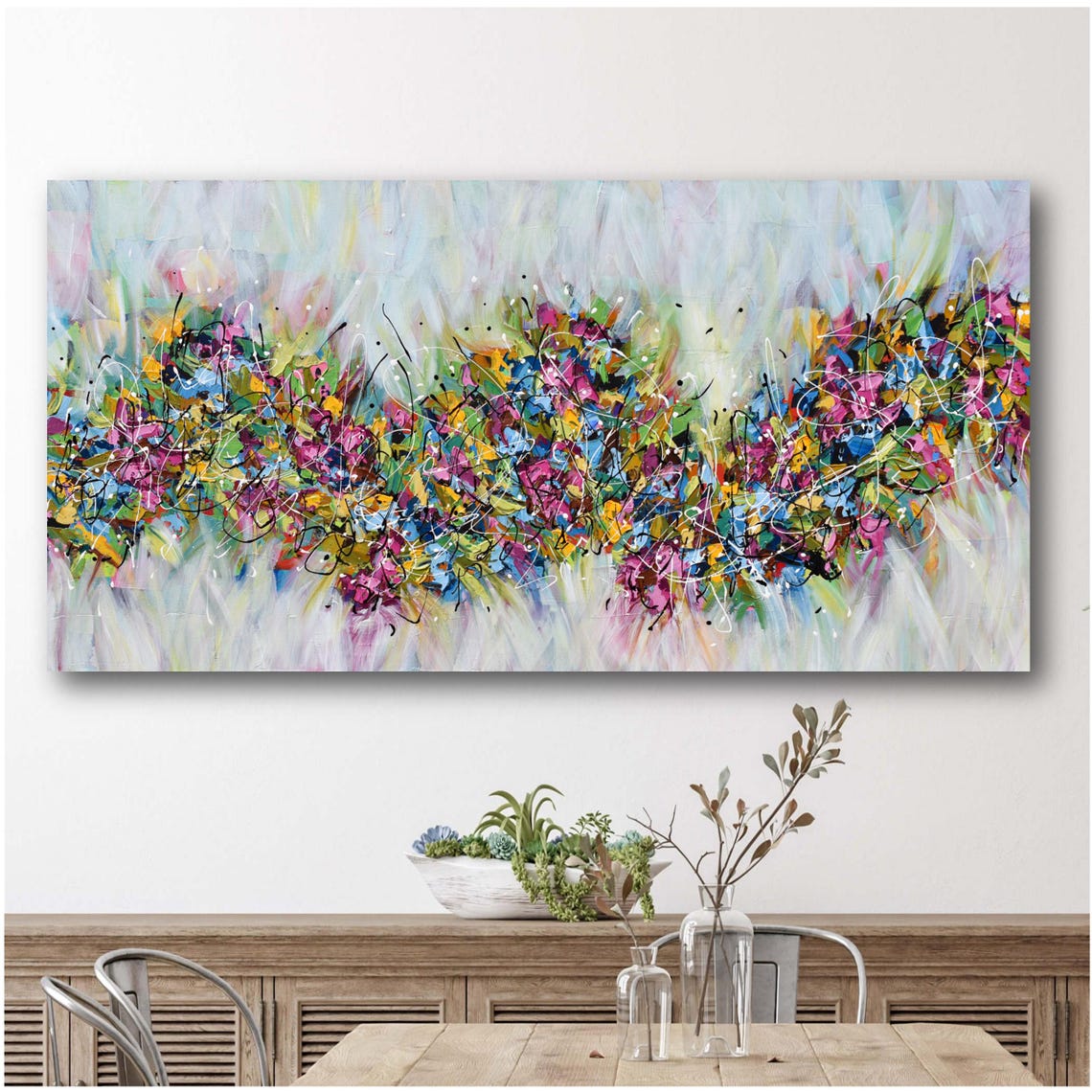 Colorful Floral Splatter Abstract Panoramic White Modern Art Poster
