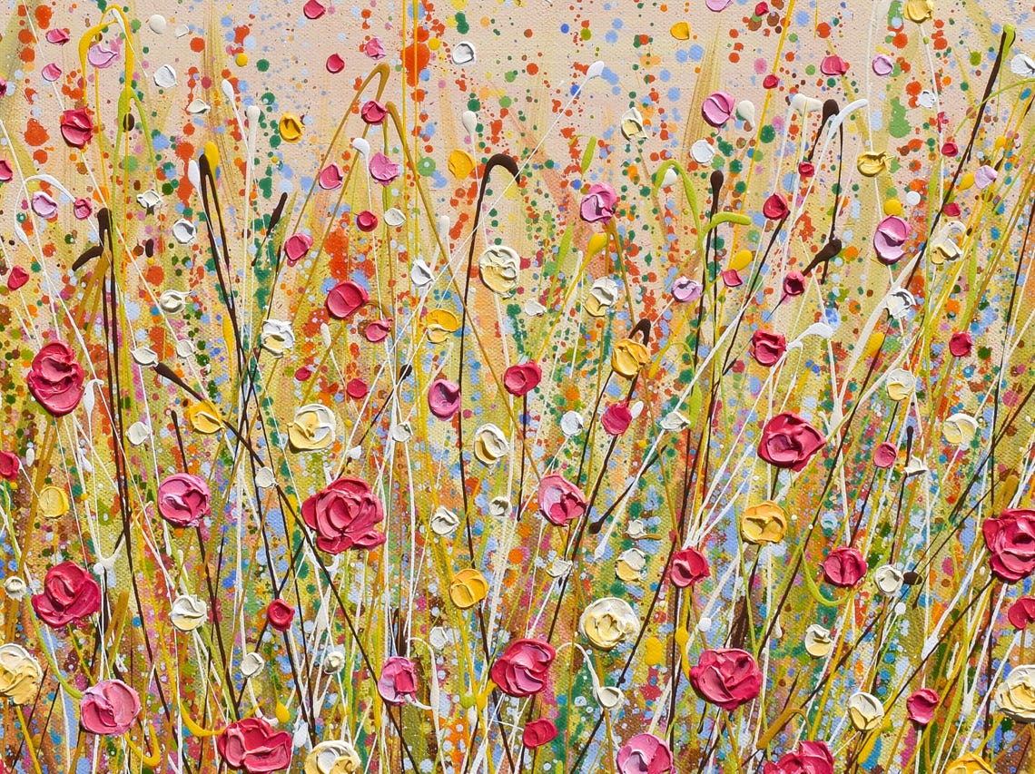 Red Rose Wildflower Field Painting Impasto Textured Tall Grass Poster - Image 2