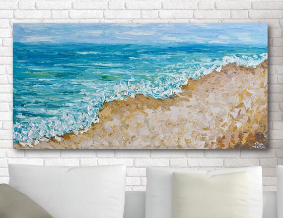 Panoramic Ocean Waves Painting Turquoise Water Golden Sand Coastal Poster