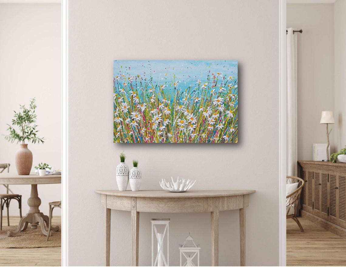 White Daisy Field Painting Wildflower Meadow Blue Sky Summer Poster - Image 2