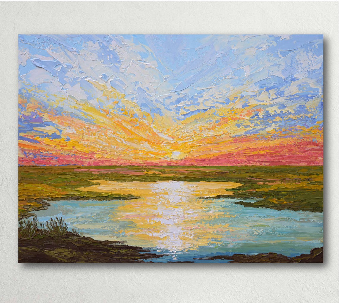 Sunset Over Marsh Original Painting On Colorful Impressionism Acrylic Landscape Palette Knife Artwork - Image 3