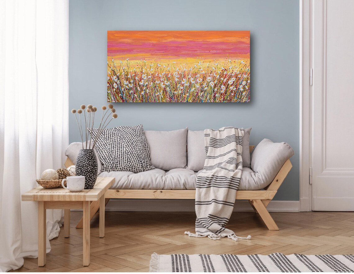 Daisy Wildflower Meadow, Impressionistic Sunset Art Print
