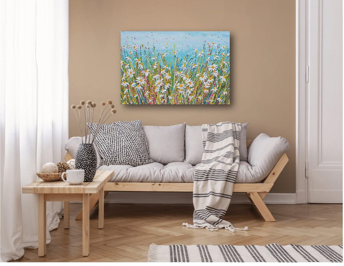 White Daisy Field Painting Wildflower Meadow Blue Sky Summer Poster