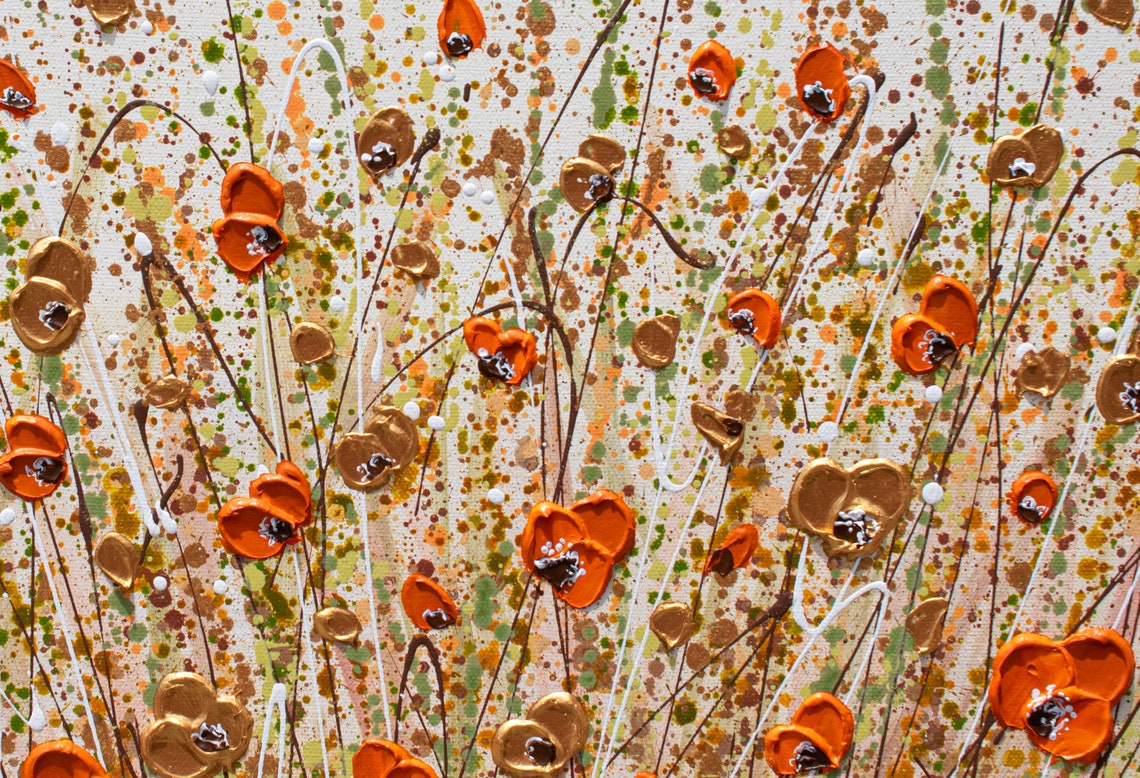 Orange Gold Poppy Flowers Earthy Copper Boho Abstract Art Poster - Image 2